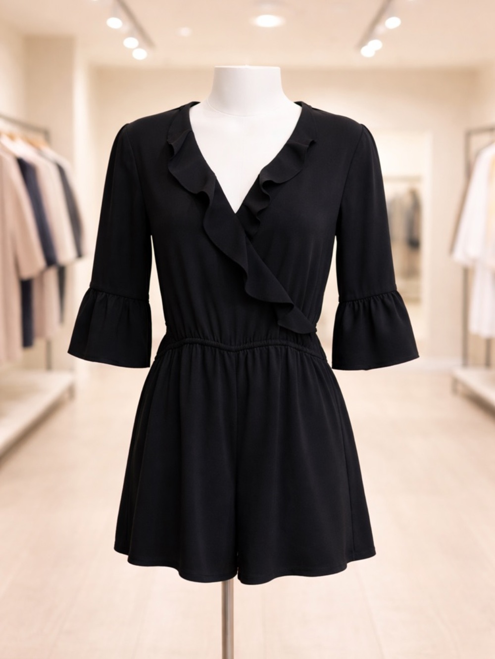 Abercrombie & Fitch Romper Size Small Black Bell Sleeve Ruffle V-Neck Romper